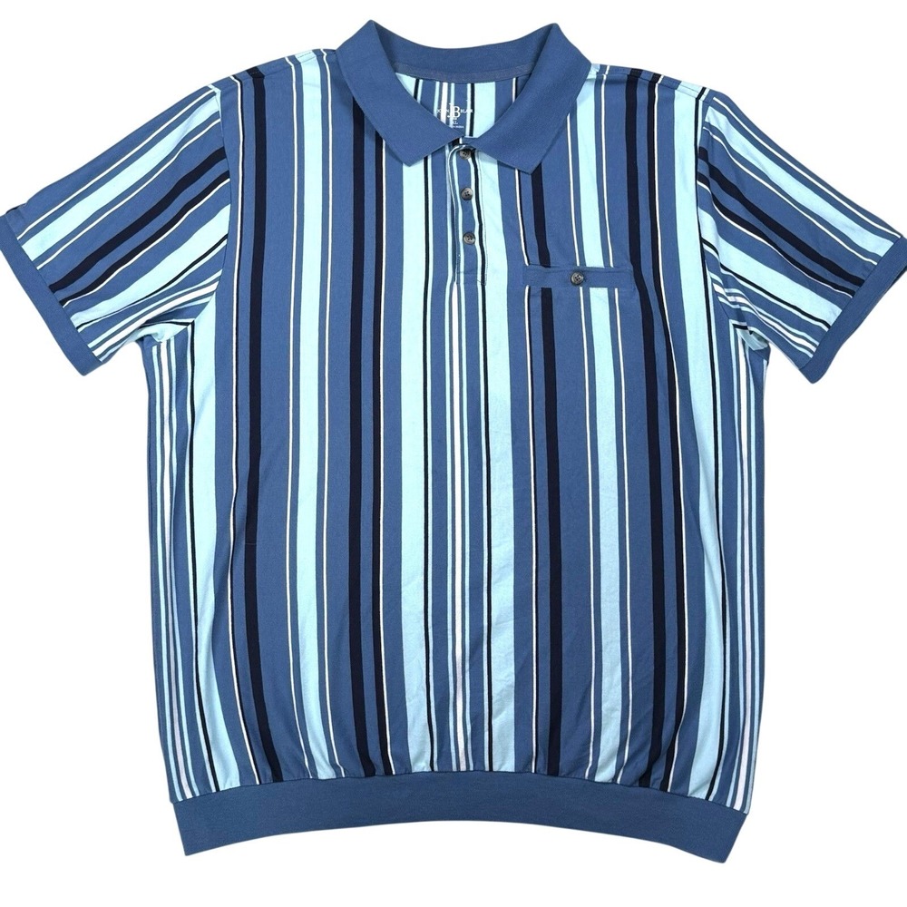 John Blair Polo Shirt Men XL Blue Striped Knit Cotton Blend Short Sleeve Vintage